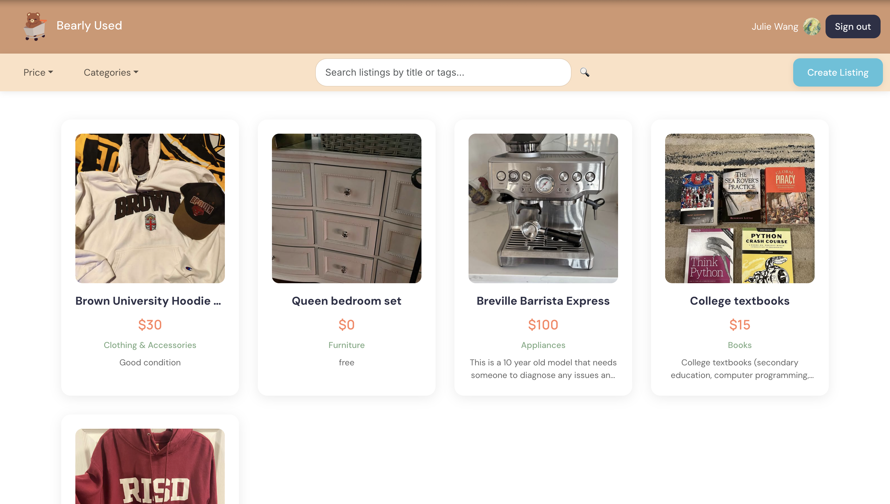 Homepage displaying listings with a search bar and search filters