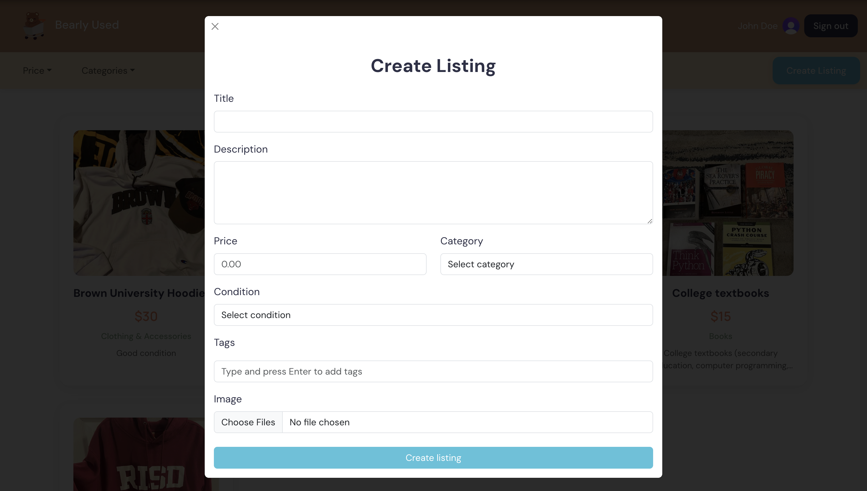 Modal to create a new listing with fields like name, price, category